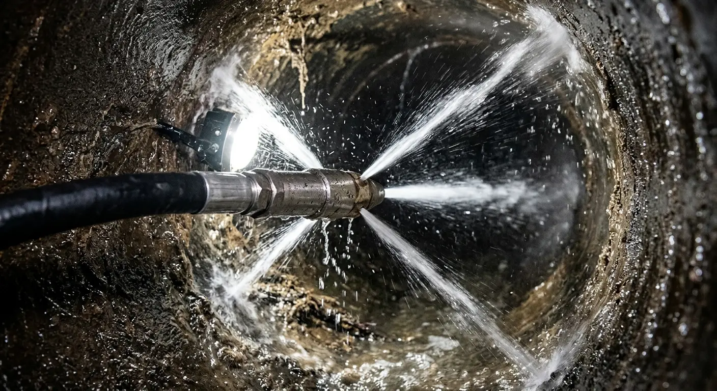 High-pressure hydro jetting nozzle cleaning sewer pipe for Sewer Line Relining in Plainsboro