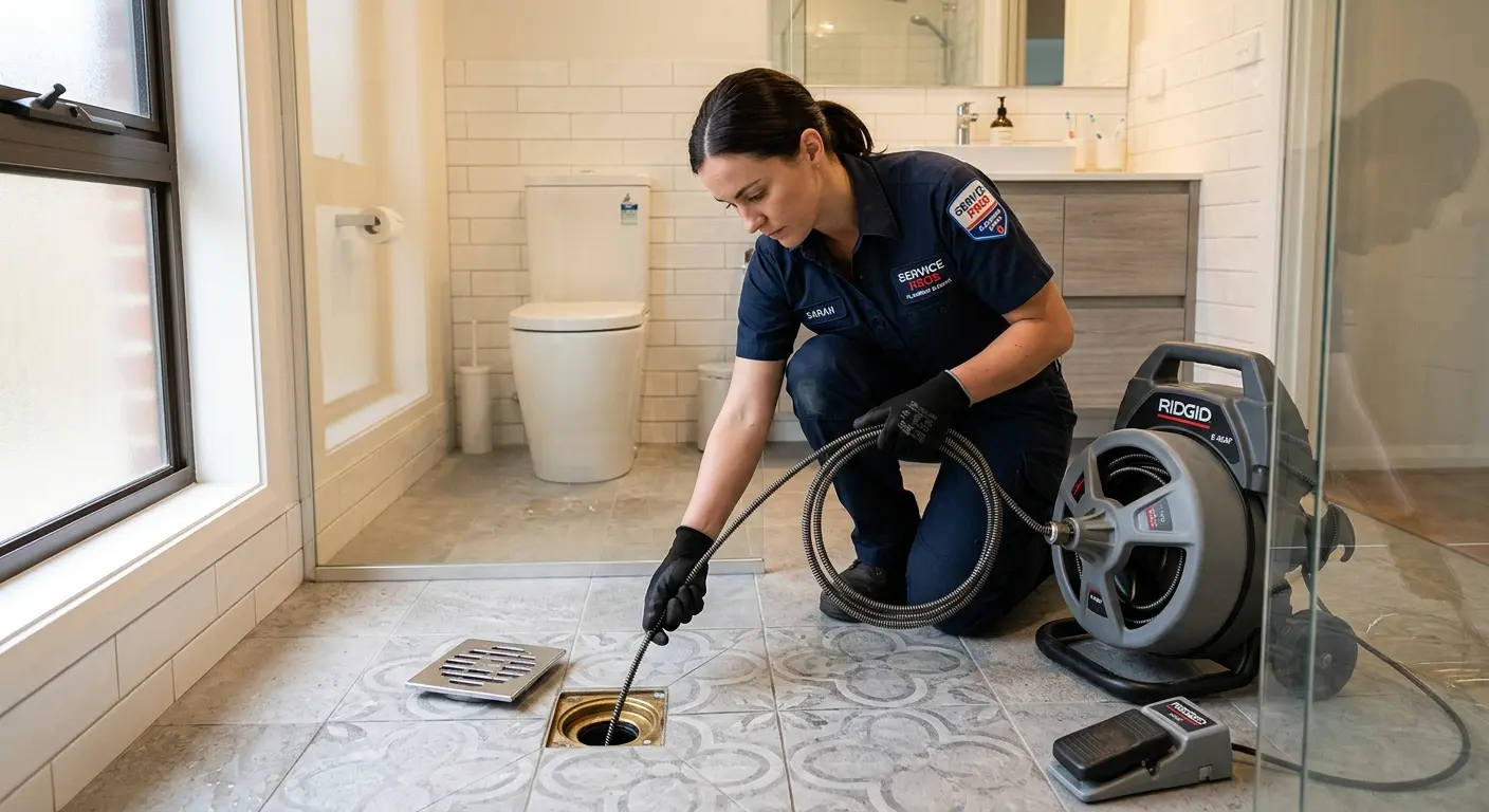 Technician clearing a bathroom floor drain for Hydro Jetting in Plainsboro